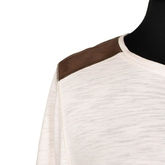 Ralph Lauren Womens Blouse Beige Brown Faux Leather Button 3/4 Sleeve Knit Top L - Picture 5 of 8